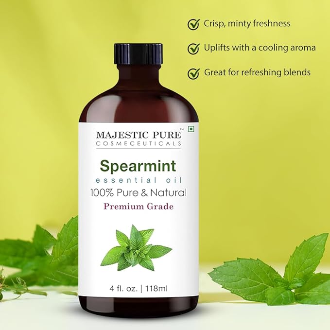 Majestic Pure Essential Oil with Glass Dropper - 100% Pure and Natural - Essential Oils for Diffuser, Aromatherapy, Soap and Candle Making, Spearmint Essential Oil, Spearmint Oil, 4 Fl Oz