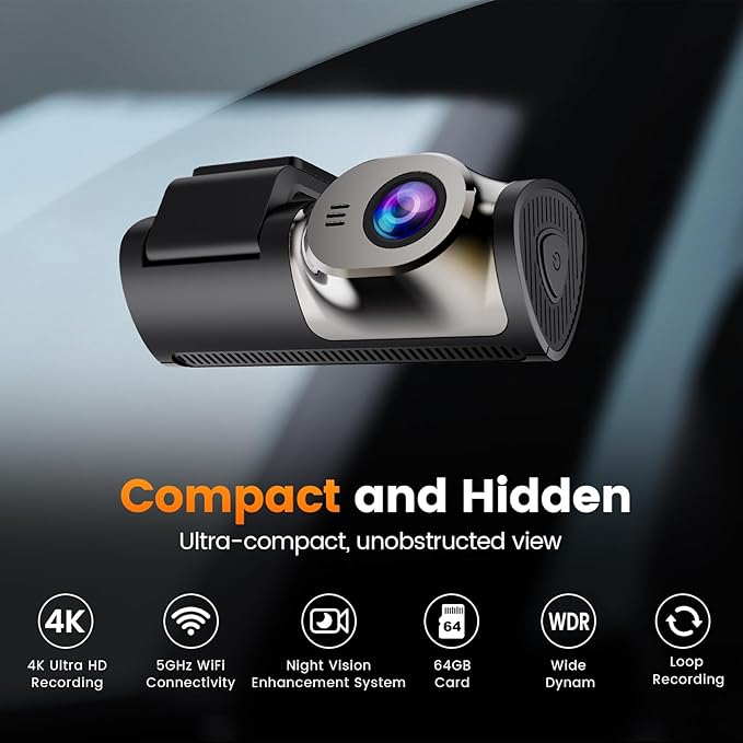 4K+1080P Dash Cam Front and Rear,64GB Card Included,5.8GHz WiFi Dash Camera for Cars,App up to 20MB/s Fastest Download,G-Sensor,Night Vision,24h Parking Monitoring,Loop Recording,170° Wide Angle