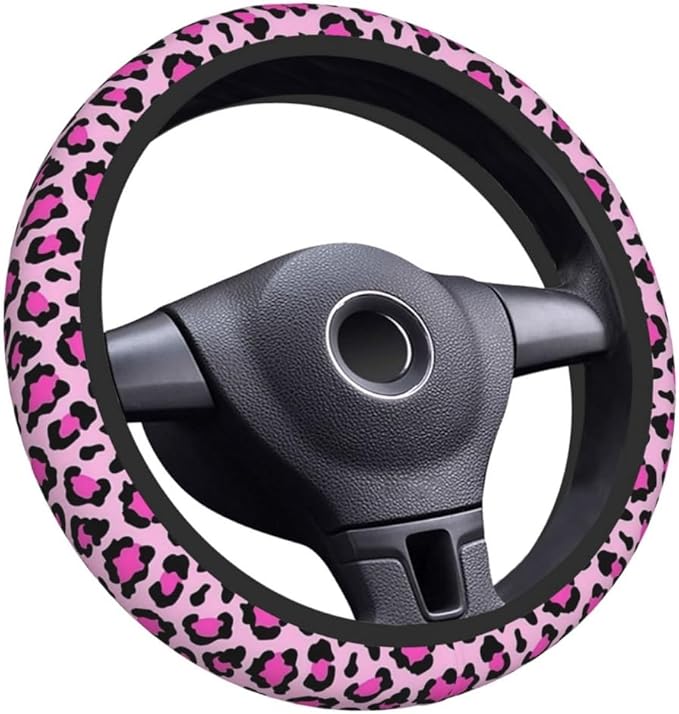 Elastic Steering Wheel Cover Car Accessories Cute Universal 15 Inch Absorbing Sweat Non-Slip Breathable for Woman - Pink Leopard Printed