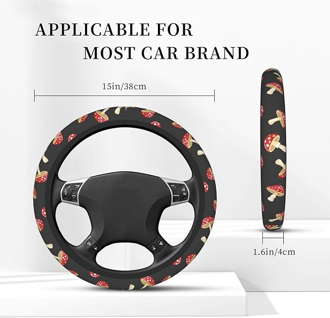 Cute Mushroom Steering Wheel Cover Women Men Elastic Stretch Soft Car Wheel Protector Universal Breathable No-Slip Car Accessories for Truck Van SUV Auto Fit 14-15 Inches
