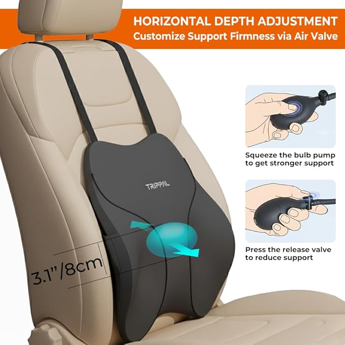 Adjustable Lumbar Support for Car: 4-Way Lower Back Pillow with 3" D & 4" H Adjust for Long Distance Driving - Low Profile No Push-Forward for Car & Truck Drivers