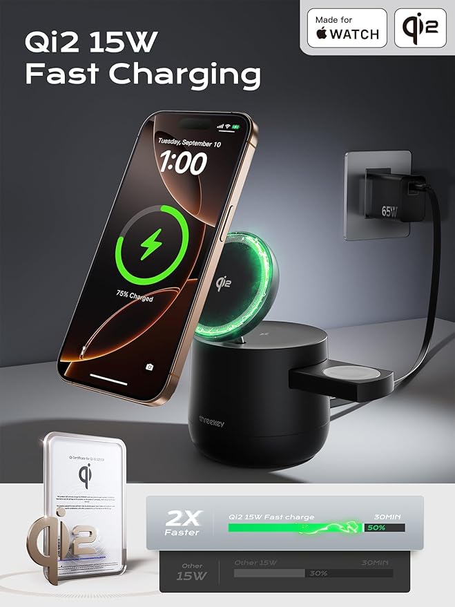 MFI Certified by Apple, 4 in 1 Magsafe Wireless Charging Station, Qi2 15W Magsafe Charger for iPhone 17/16/15/14/13/12 Series, iWatch, Airpods, iPad, 65W Charger Included (Black)