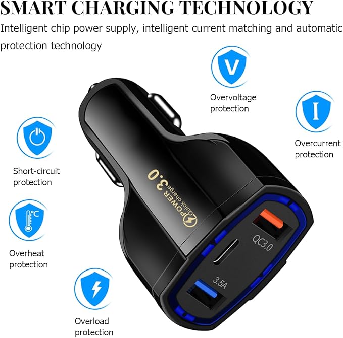 Fast Car Charger Adapter, QC3.0 Quick Power Delivery Block with Dual Port USB Type C, Cigarette Lighter Plug Fast Charging, Compatible with iPhone 15 Pro Max Plus Samsung and More (Black)