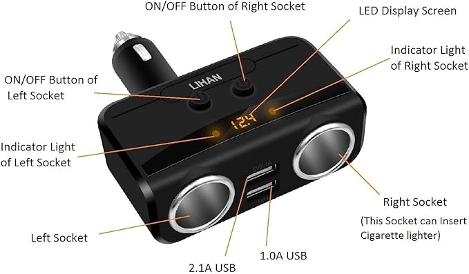 LIHAN 2 Socket Cigarette Lighter Adapter, Car Charger Plug Splitter with Dual USB Ports, 12V/24V Meter Monitor, Compatible with iPhone, LG, HTC, Samsung etc
