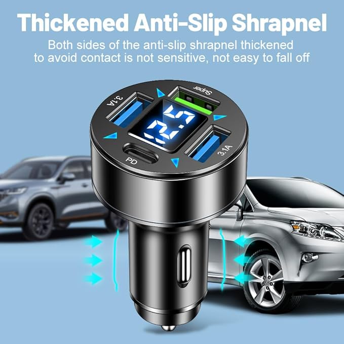 4-Port Fast Car Charger With Plug Outlet, LED Voltmeter, PD3.1, Super Port - Universal Cigarette Lighter USB Accessory Compatible With iPhone & Android (PD/Super)