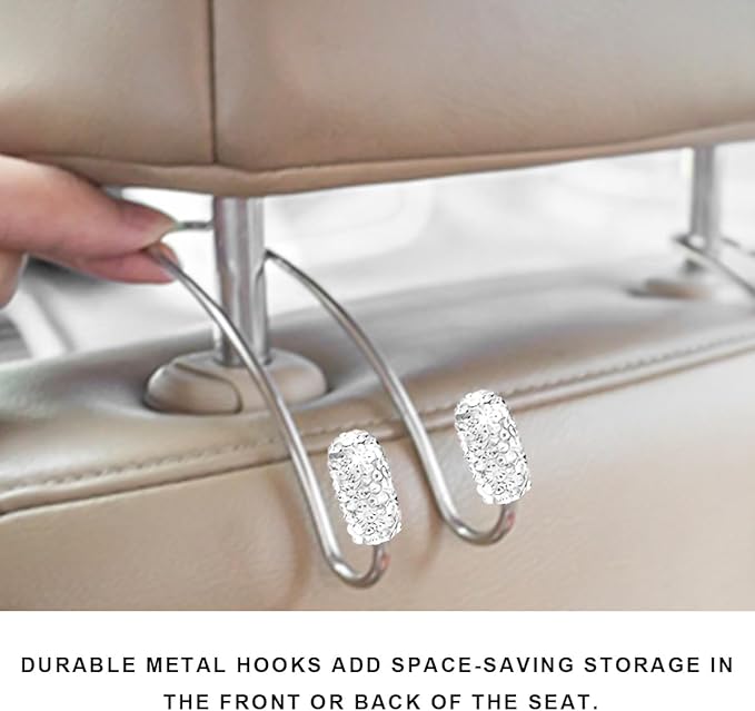 2PCS Car Headrest Hook, Bling Diamond Auto Hooks Stainless Steel Backseat Hangers, Universal Rhinestone Cute Seat Back Organizer Hanger for Purse Bag Clothes, Car Accessories (White)