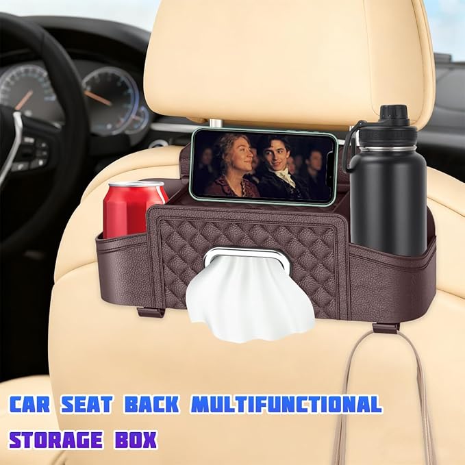 Car Headrest Backseat Organizer, Multifunctional Vehicle Seat Back Hanging Storage Box with Cup Holder and Hooks, Automotive Interior Headrest Storage Organizer, Universal Fit (Brown)