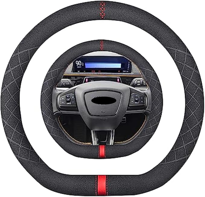Suede D Shape Steering Wheel Cover,Compatible with Mustang Mach E 2021 2022 Suede Leather Sport Non-Slip Wheel Cover Car Interior Accessories 15 inch for Man and Women