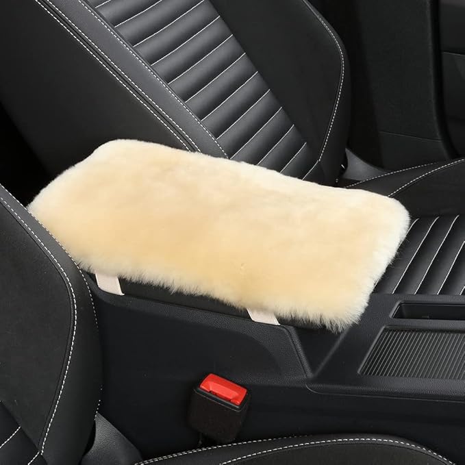 Sheepskin Armrest Cover Auto Center Armrest Cover Car Soft Console Pad, Fluffy Wool Auto Center Console Cover for Most Car Arm Rest Decoration Protector 7 x 13 Inch (Shearling, Pearl)