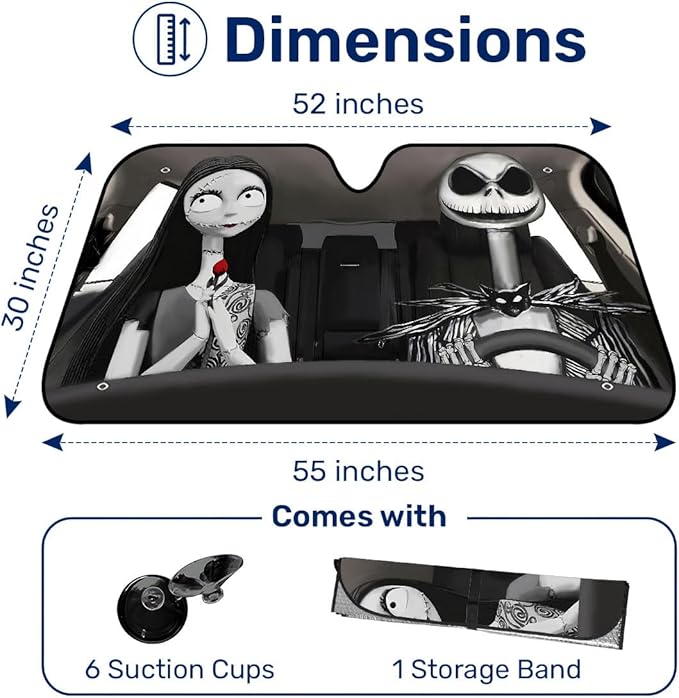 GENANY Nightmare Skellington Couple Horror Windshield Sun Shade for Car SUV Truck (55x30 inches), Sun Shade Windshield, Protector Blocks UV, Auto Gifts, Car Decor