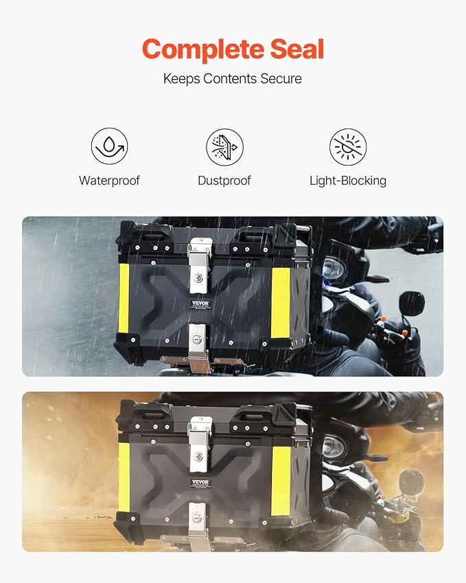 VEVOR Motorcycle Top Case 45L, Universal Aluminum Alloy Motorbike Tail Box with Leather Lining, 45L Waterproof Detachable Motorcycle Top Box with Lock & Back Cushion, Fit for 99% of Motorcycle Frames