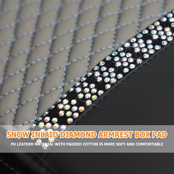 Bling Leather Car Center Console Cover, Car Center Console Protector With Glossy Crystal Rhinestone, Universal Waterproof Car Armrest Seat Box Cover For Most Car, Vehicles, SUVs, Trucks (Gray)