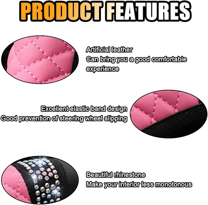 Bling Soft Leather Steering Wheel Cover, 15 Inch Colorful Rhinestones Auto Elastic Protector with Crystal Diamond for Women Girls, Car Accessories for Most Cars, SUVs (Pink)