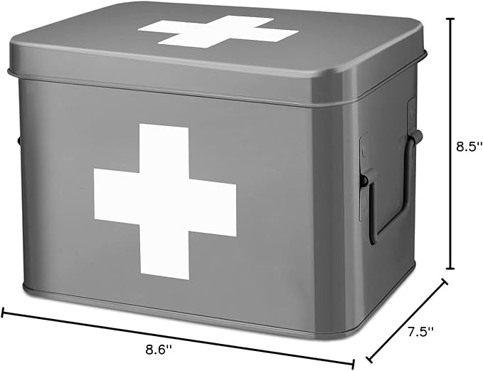 Flexzion Medicine Box, Home Pharmacy Box, 33 x 21 x 19 cm, Metal Medication Storage Box for Emergency, First Aid Cabinet, with Side Handles, Removable Tray & 5 Compartments, Grey