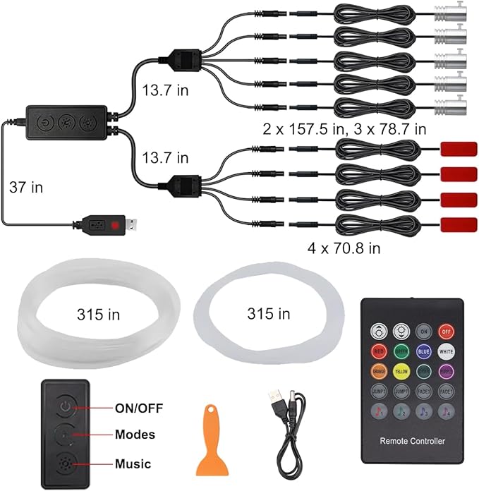 Interior Car Lights, 9 in 1 Car LED Strip with Wireless APP/RF Remote/Button Control, 16 Million Colors Ambient Lighting Kit with 5 Fiber Optic LED Strips & 4 Under Dash Lights