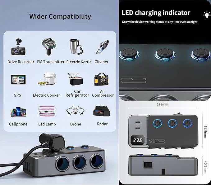 8-in-1 Car Cigarette Lighter Splitter, QC3.0 3 USB Ports & 2 Type-C PD 35W Fast & Safe Charging,3 Sockets with Independent/ Master Switches, Real-Time Voltage Display, Smart Trickle Charging, 12-24V