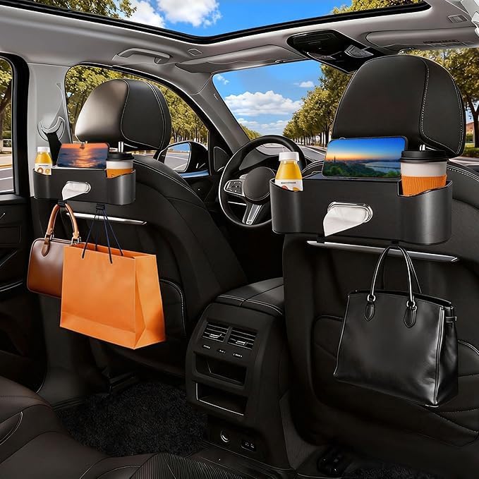 Car Backseat Organizer for Kids & Travelers - 4 in 1 Multifunctional Car Seat Back Storage with Cup Holder, Tissue Box, Snack/Handbag Holder - Nappa Leather Universal Fit for SUV/Van/Sedan (Black)