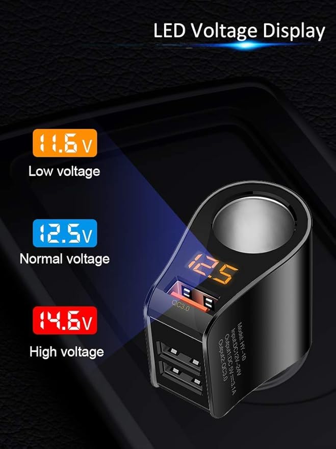LIHAN 3 USB Car Charger, QC3.0 Output, Cigarette Lighter Adapter, 12V/24V Outlet Plug, Voltage Meter, Compatible for iPhone,iPad, Samsung, USB Charging Devices