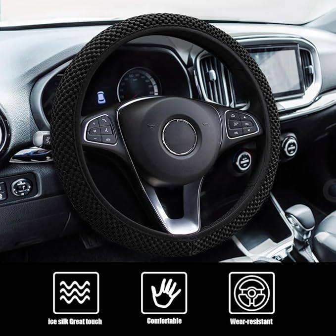 Elastic Stretch Steering Wheel Cover, Car Wheel Cover, Universal 15 Inch Car Steering Wheel Protector, Interior Accessories Microfiber Breathable Ice Silk Steering Wheel Covers for Car (Black)