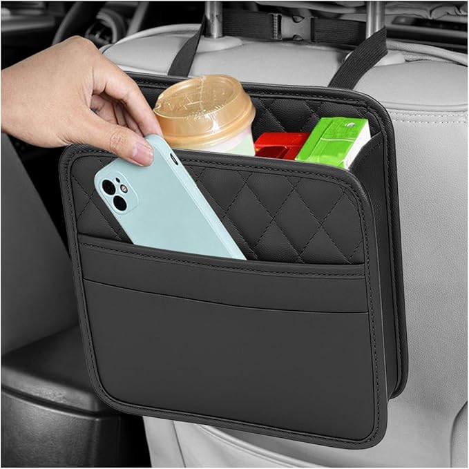 Car Seat Back Organizer, Foldable Leather Vehicle Backseat Storage Bag, Multifunctional Automotive Interior Hanging Pocket Accessories, Universal Fit (Black)
