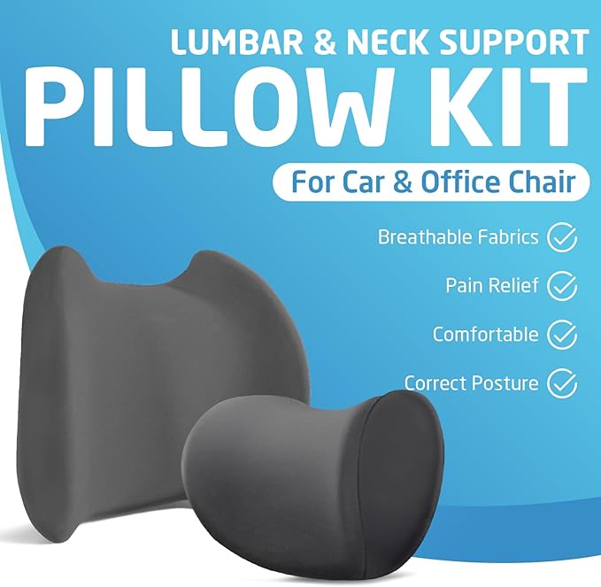 Lumbar & Neck Support Pillow Kit - Gray - Back & Neck Support Pillow for Car & Office Chair - Memory Foam Pillow - Ergonomic Pillow for Neck & Back Pain Relief