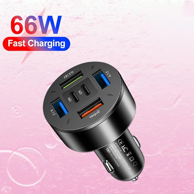 66W Multi-Port USB C Car Phone Charger, 6 in 1 Super Fast Charging Cigarette Lighter USB Charger for iPhone 16 15 14 13 12 11/Android/Samsung/iPad Pro and More (Black)