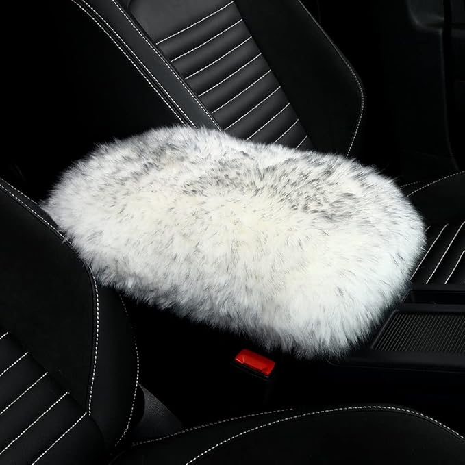 LLB Auto Center Console Cover Pad Universal Fit for SUV/Truck/Car, Genuine Sheepskin Wool Fur Car Armrest Seat Box Cover, Furry Fluffy Auto Armrest Cover Protector (White Gray)