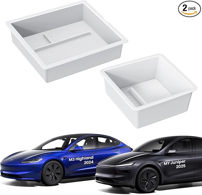 BANKKY 2PCS Center Console Organizer for Tesla Model 3 Highland 2024-2026 & Model Y Juniper 2025-2026, White Armrest Storage Tray with Anti-Slip Liner, ABS Tesla Accessories