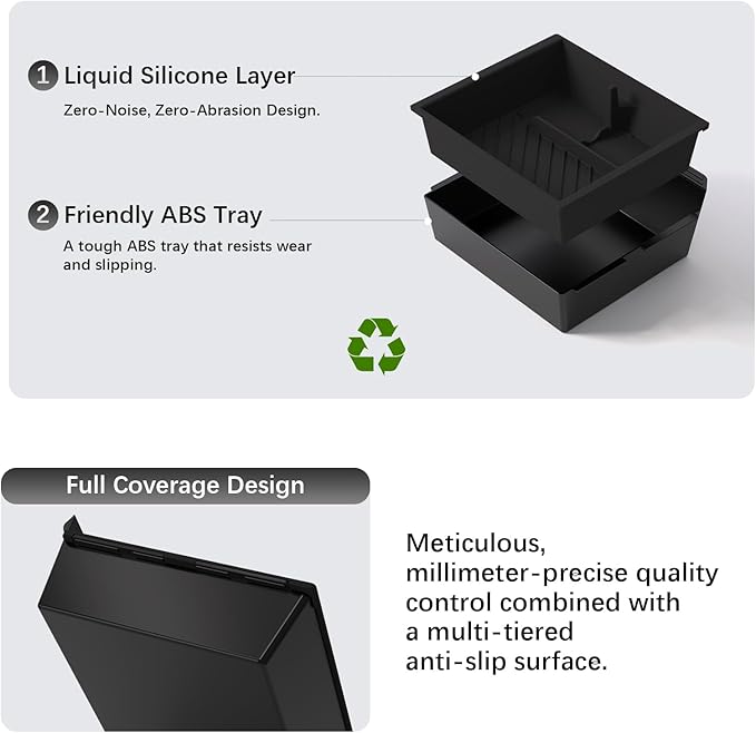 Center Console Organizer Tray for Model Y Juniper 2025 2026 & Model 3 Highland (2024-2026), Double-Layer Sliding Hidden Armrest Storage Box, Tesla Accessories (Matte Black)