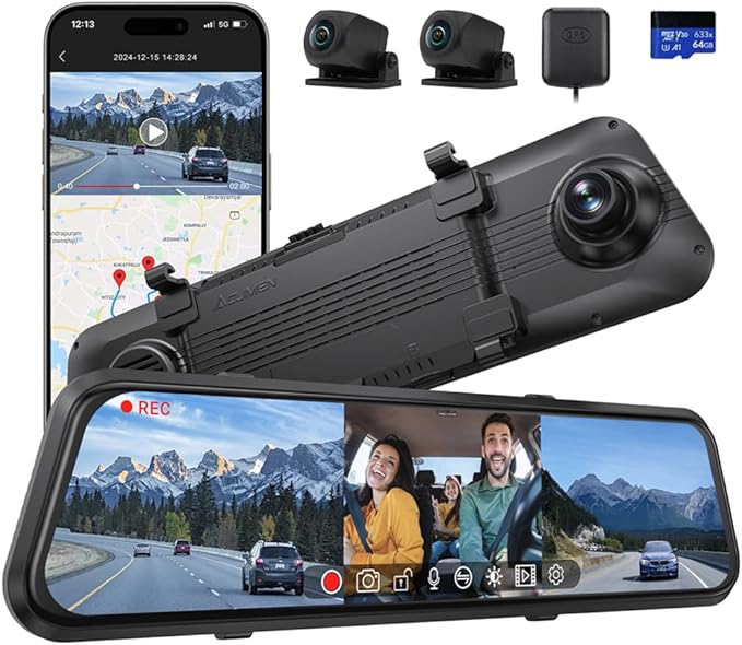 ACUMEN 4K Rear View Mirror Camera,Smart 12" Touch Screen Mirror Dash Cam Front and Rear,Backup Camera for Cars & Trucks with Blind Spot Detection (M4 3CH)
