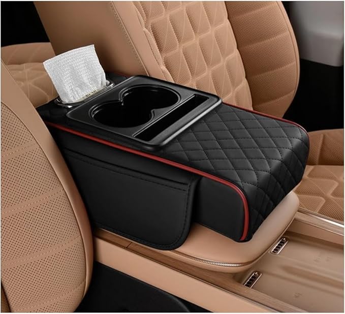 Car Center Console Cover, Memory Foam Nappa Leather Vehicle Armrest Cushion with Tissue Box, 2 Storage Bag & Holder, Automotive Arm Rest Protector Accessories, Universal Fit (Black/Red)