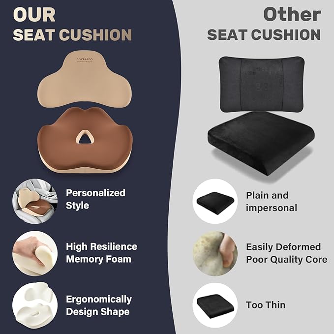 Coverado Car Seat Cushion and Lumbar Support Pillow, Memory Foam Ergonomic Back Support Driving Seat Cushion for Sciatica, Tailbone, Back Pain, Non-Slip Washable Cushion for Car, Driver, Office