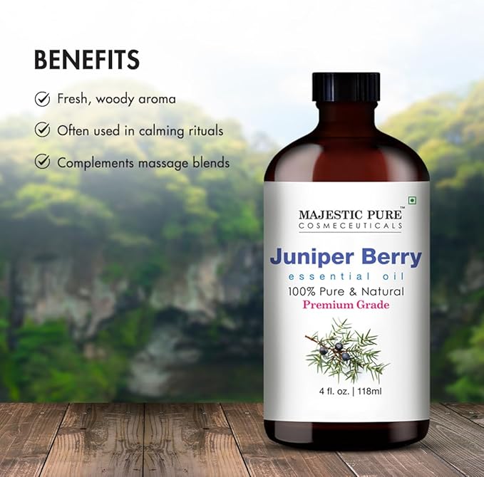 Majestic Pure Essential Oil with Glass Dropper - 100% Pure and Natural - Essential Oils for Diffuser, Aromatherapy, Soap and Candle Making, Juniper Essential Oil, Juniper Oil, 4 Fl Oz