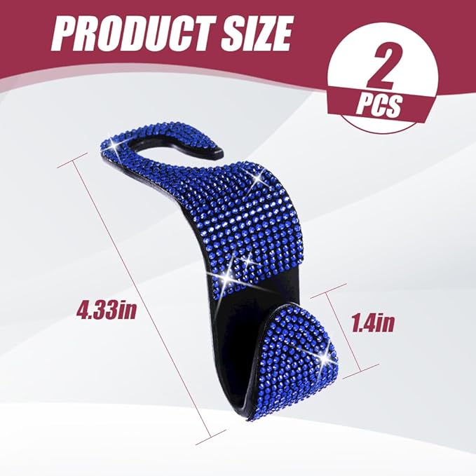2 Pack Car Seat Headrest Hook, Bling Car Hooks Front Seat, Back Seat Organizer Hanger Storage Hook Car Purse Hook for Bags, Clothes, Coats, Grocery Bags (Blue)