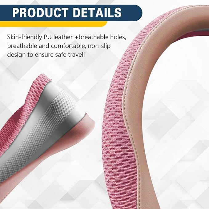 Car Steering Wheel Cover, Steering Wheel Accessories, Universal 15 Inch Microfiber Breathable LCE Silk, Car Accessories Breathable Anti-Slip Protector Universal for SUV Sedan Truck (Pink)
