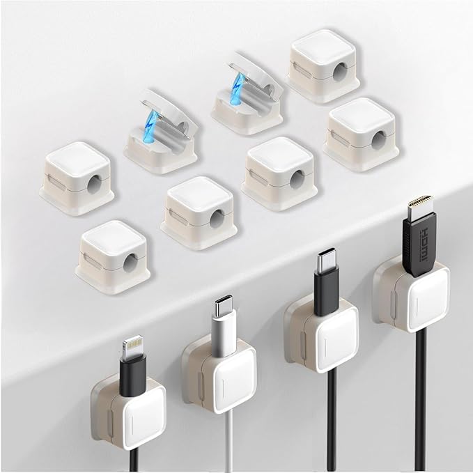 12 Pack Cable Management Clips - M-Xeotei 2-in-1 (Magnetic and Adhesive) Multi-Surface Cable Organizer for Metal/Wood/Plastic, Space Saving Switchable Base Works on Desk/Car/Home/Office (White)