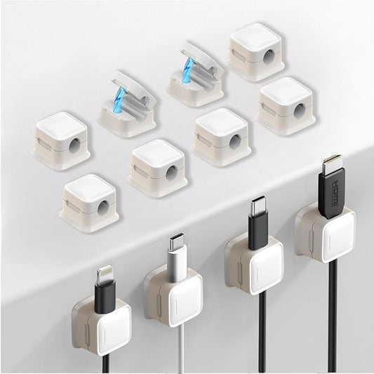 12 Pack Cable Management Clips - M-Xeotei 2-in-1 (Magnetic and Adhesive) Multi-Surface Cable Organizer for Metal/Wood/Plastic, Space Saving Switchable Base Works on Desk/Car/Home/Office (White)