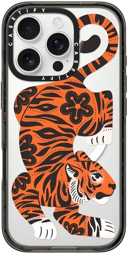 CASETiFY Impact Case for iPhone 16 Pro [Slim / 8.2 ft. 4X Military Grade Drop Protection/Compatible with Magsafe] - Fierce Tiger - Clear Black