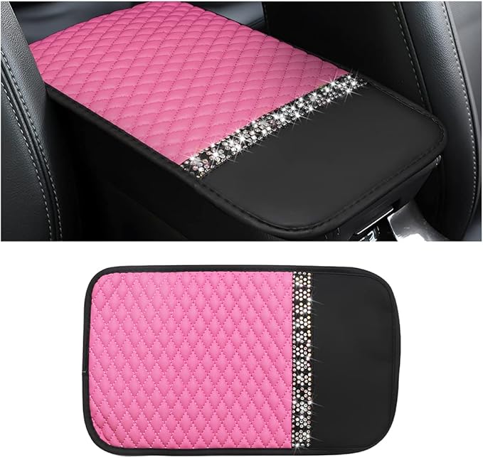 Bling Leather Car Center Console Cover, Car Center Console Protector With Glossy Crystal Rhinestone, Universal Waterproof Car Armrest Seat Box Cover For Most Car, Vehicles, SUVs, Trucks (Pink)