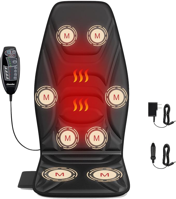 Back Massager Chair Pad with Heat, Back Massager for Back Pain Relief, Chair Massager with Vibration, Portable Massage Chair Pad for Office Use, Matte Black