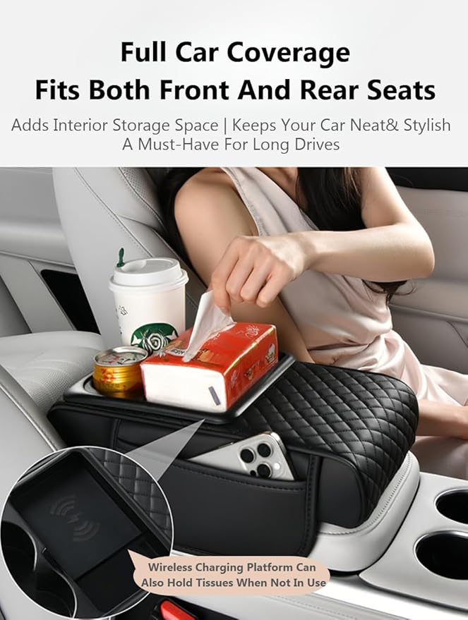 Car Armrest Pad with Built-in Induction Charging, Leather Center Console Cushion with 15W Power Pad, Dual Cup Holders, Storage Pockets - Orange