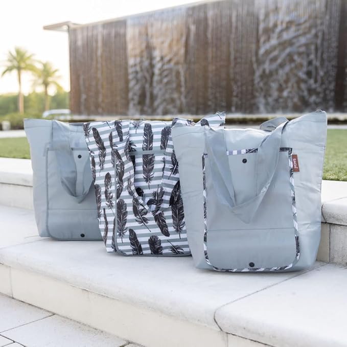 SACHI 3 Piece Market Tote Set – Insulated Thermal Reusable Grocery Bags for Cold and Hot Foods – Lightweight, Portable and Fold-able (Grey Feather Stripe)