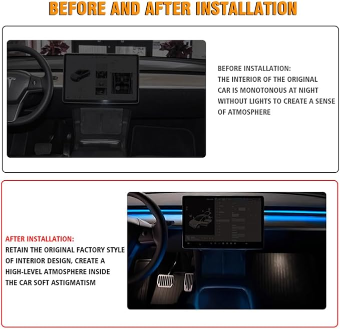 Interior Car LED Strip Lights for Tesla Model 3 Y 2021-2023, Plug-and-Play, Ambient Light with Human Sensor, Center Console Dashboard Inside Car Lighting Decorations