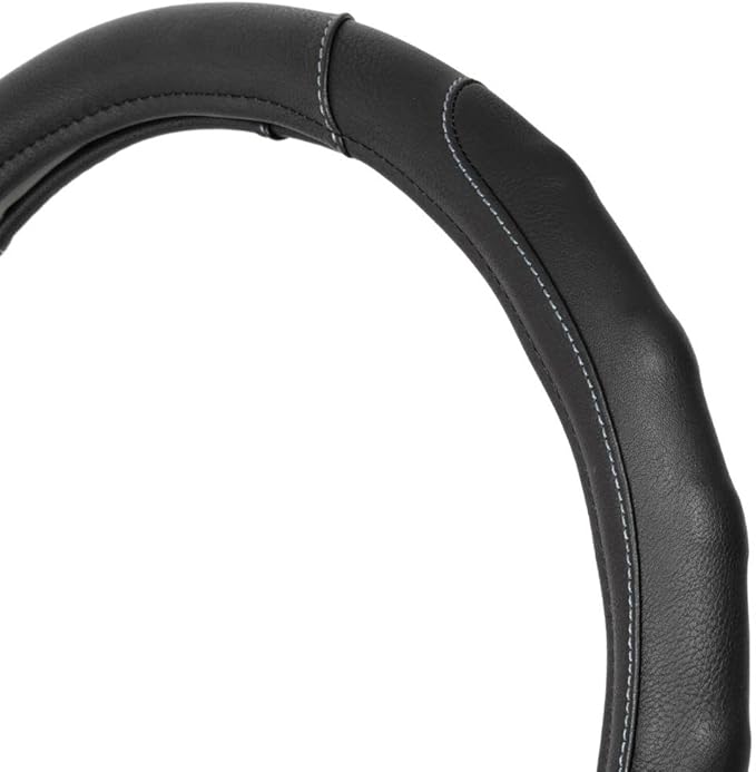 Motor Trend GripDrive Faux Black Leather Steering Wheel Cover for Car Truck Van SUV, Small 14 inch Size, Gray Accent Stitched Car Steering Wheel Cover Vehicle & Auto Accessories (Pack of 2)