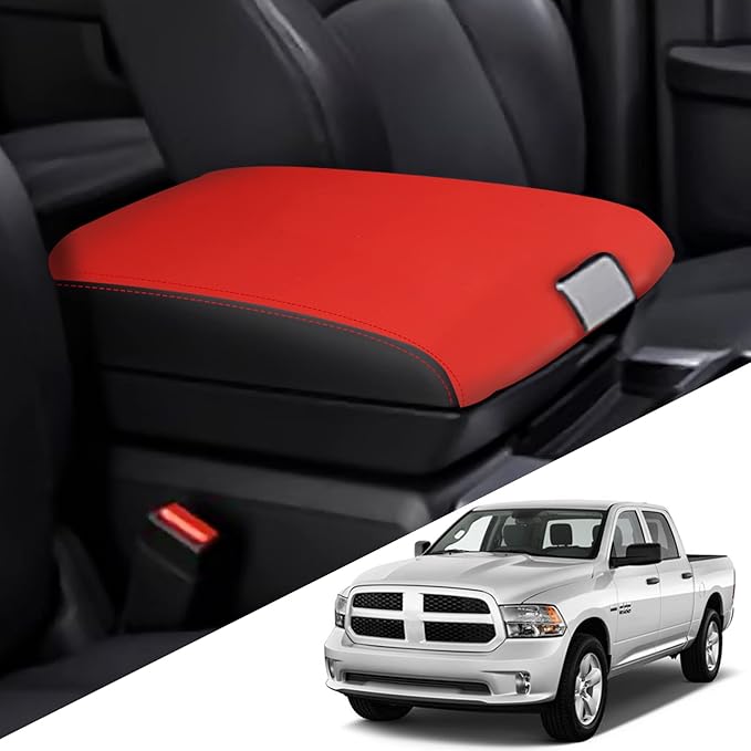 for RAM 2009-2018 Center Console Cover Anti-Scratch Waterproof Leather Armrest Pad Protector Cushion for Dodge RAM 1500 2500 3500 4500 5500 2009-2018 Interior Accessories(Red with Black)