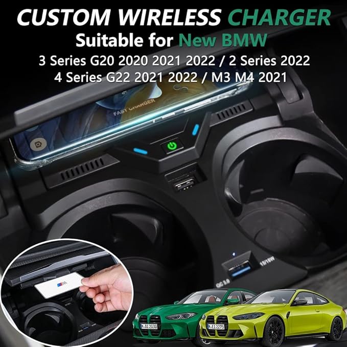 Wireless Car Charger for BMW 3 Series G20 2020 2021 2022 2023 4 Series G22 2021 2022 2023 2 Series 2022 2023, 15W Fast Phone Charging Pad for BMW 330i 330i xDrive M340i 330e Accessories