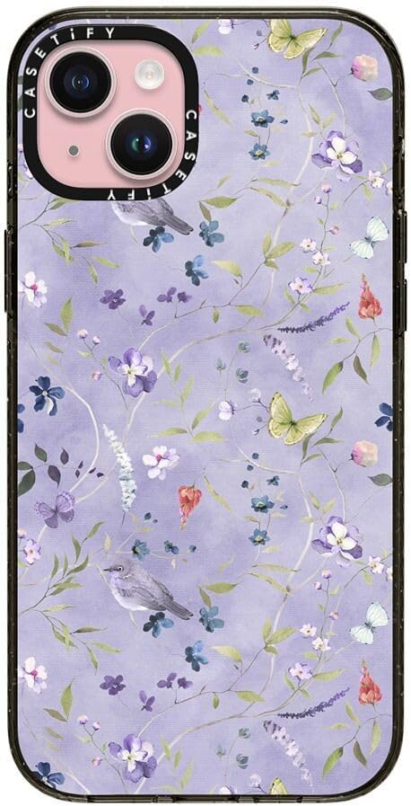 CASETiFY Impact Case for iPhone 15 Plus [8.2ft 4X Military Grade Drop Protection/Compatible with Magsafe] - Floral Reverie Purple - Clear Black