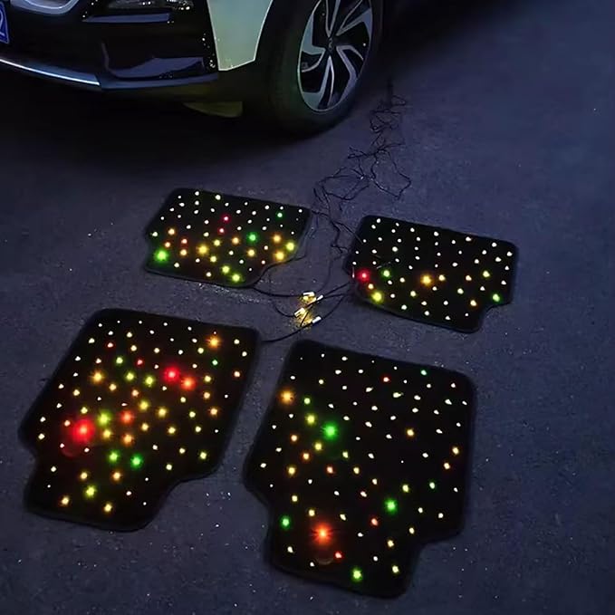 Starlight LED Car Floor Mats, 4pcs Shiny Starry Sky Star Light Floor Mats, App Control Washable Fiber Optic Lights Universal Automotive Decoration Atmosphere Light