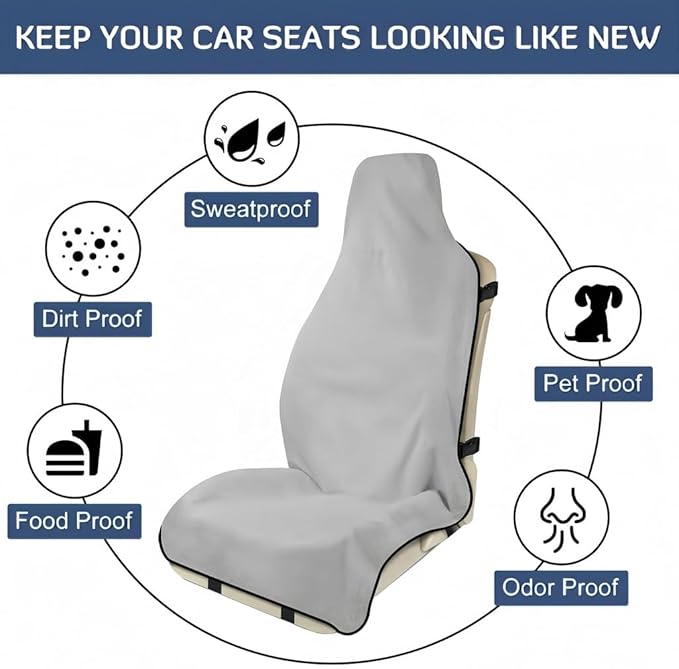 Grey Car Seat Covers, 2PCS Premium Auto Seat Towel Fit Cars SUV Trucks, Ideal Gift for Active People Who Work Sweat Swim Run Beach