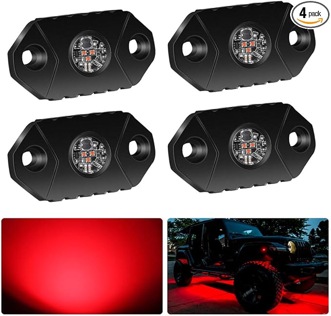 4WDKING Red LED Rock Lights, 4 Pods IP68 Waterproof Underbody Glow Trail Rig Lamp LED Neon Lights for Truck Off Road Truck Car Boat ATV SUV Motorcycle